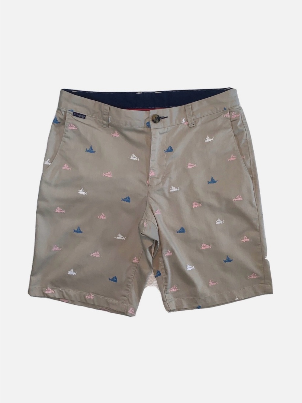 Columbia PFG Men's Khaki Shorts with Blue, Pink & White Shark Embroidery